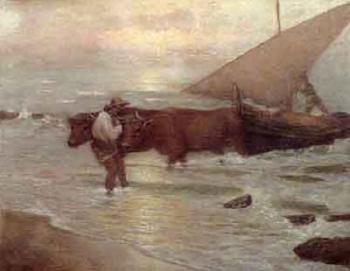Oxen on the beach by 
																	Manuel Munoz Diaz