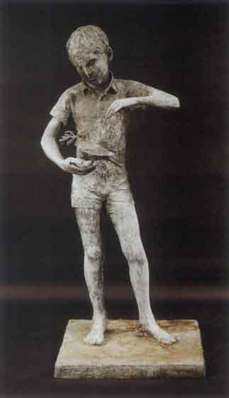 Young boy in shorts and shirt sleeves holding dove with olive branch by 
																	Polly Ionides
