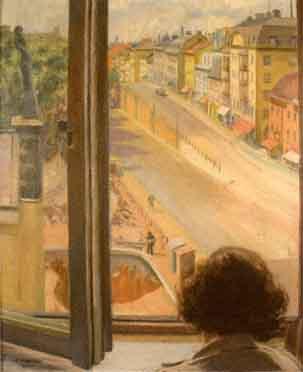 Street scene viewed from an upstairs window by 
																	Gustaf Magnusson