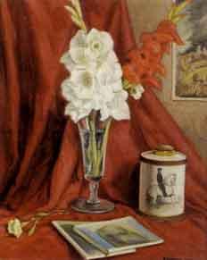 Vase with gladiolus n draped background by 
																	Angel Cabanas-Oteiza