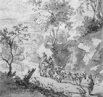 Italianate landscape with peasants and animals by 
																	Jan Willem Lapp