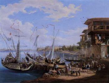 Arrival of Goudal at the market place on the Asiatic shore of the Bosphorus by 
																	Johann-Jakob Falkeisen