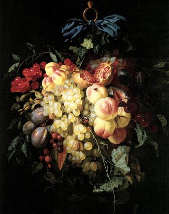 Still life of fruits, suspended from ring and blue ribbon with butterfly and fly by 
																	Johannes Hannot