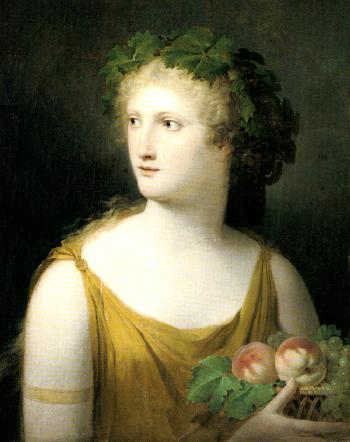 Portrait of a lady, wearing a yellow dress and holding a basket of fruit by 
																	Charles Paul Landon