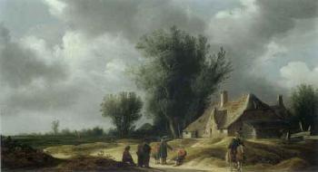Landscape with a horseman and figures conversing before a farmhouse by 
																	Pieter de Neyn