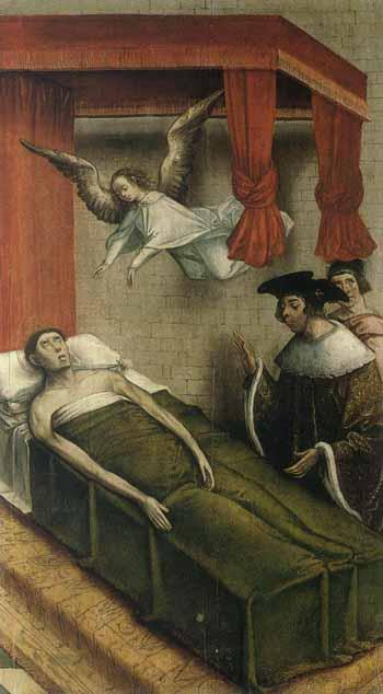 Scenes from life of Saint Vincent of Saragossa. Body of Saint Vincent protected by a raven by 
																			 Juan de Flandes