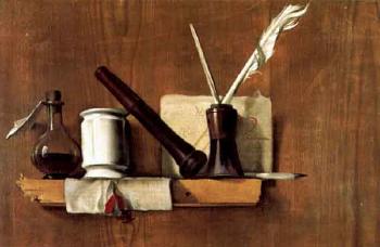 Trompe-l'oeil with plumes in ink bottle, letter, seal stamp and bottle by 
																	Heiman Dullaert