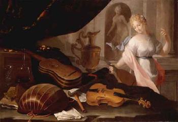 Still life of musical instuments. Interior with still life of instruments by 
																			 North Italian School