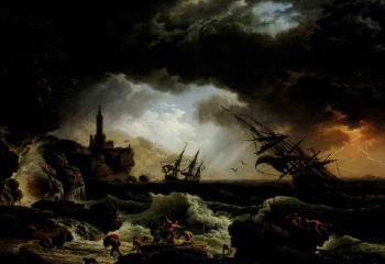 Landscape at sunset with fisherman returning. Shipwreck in stormy seas by 
																			Joseph Vernet