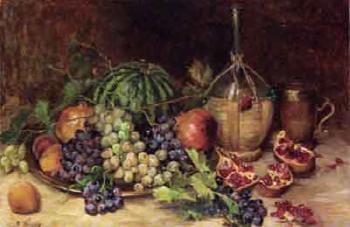 Pomegranates, grapes, peaches, melon and wine bottle by 
																	Jeanne Marcelle Aubert-Gris