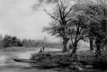 Figures fishing beside the Thames, Windsor Castle beyond by 
																	Samuel Evans of Eton