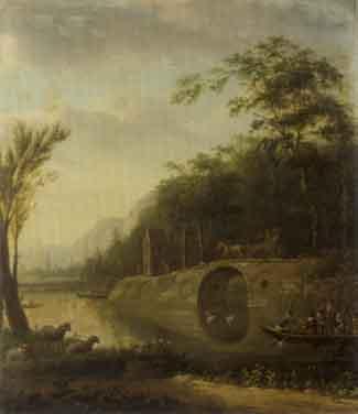 Peasants merrymaking in a rowing boat, horse and cart, in a mountainous landscape by 
																	S Frederiks