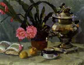 Still life with samovar, apples and a book by 
																	Mikhail Sergeyevich Ageev