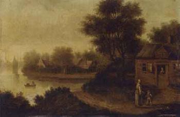 River landscape with mother and child before cottage by 
																	Jacob Elias la Fargue