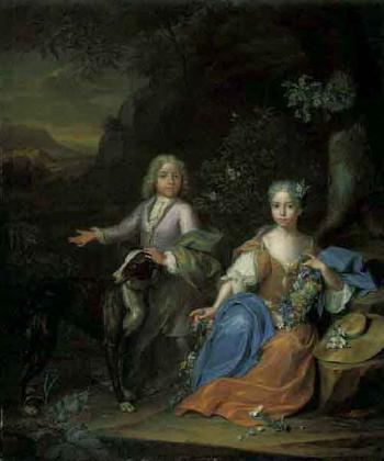 Double portrait of boy and girl with greyhound in wooded landscape by 
																	Hieronymus van der My