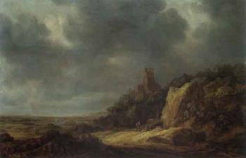 Dune landscape with ruined castle on hill by 
																	Reinier van der Laeck
