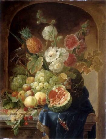 Melons, grapes and other fruit with flowers and songbird draped on a ledge by 
																	Johannes Hendrik Fredriks