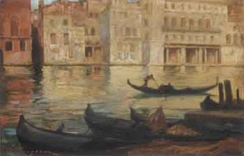 Gondola on a sunlit Venetian Canal.Gondola under a bridge on a Venetian backwater by 
																	Adolphe Faugeron