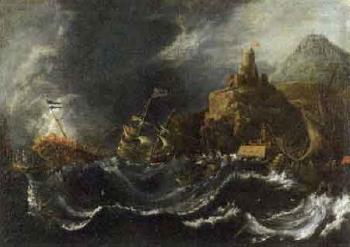 Ships during storm on Mediterranean coast by 
																	Pieter Mulier