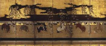 Horses in stables in spring and autumn by 
																			 Kano School