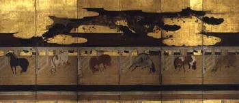 Horses in stables in spring and autumn by 
																			 Kano School