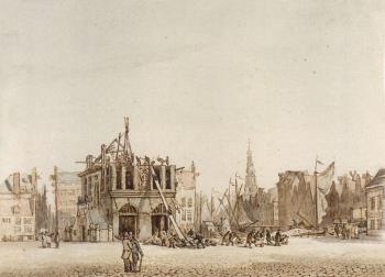 View of the Waag on the Dam being demolished by 
																	Gerrit Lamberts