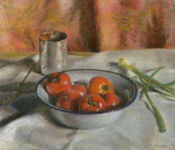 Still life with tomatoes and spring onion by 
																	Herman Habes