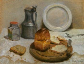 Still life with bread on a plate and a pewter jug by 
																	Herman Habes