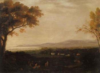 Panoramic view of Dublin with peasants and animals, Aldborough Houseand Sugar Loaf by 
																	John Henry Campbell