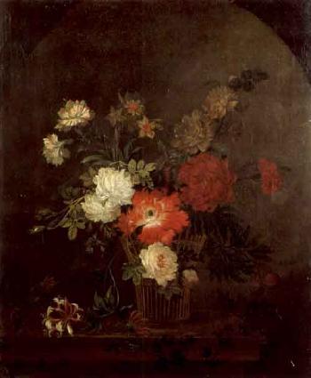 Still life of roses, tulips, carnations and honeysuckle in a basket resting on a ledge by 
																	Philippe Parpette