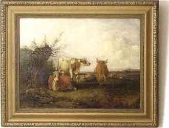 Pastoral landscape with cows on hill by 
																	H Waas