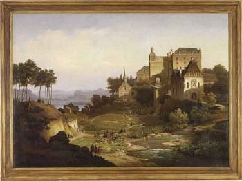 Landscape with figures in front of castle by 
																	Joseph Haecke