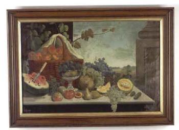 Still life of table laden with fruit, and compote with landscape background by 
																	C Eaton