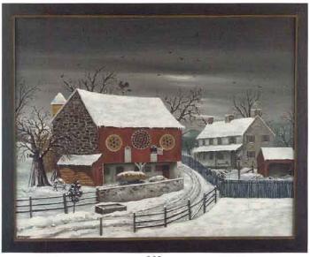 Winter farm scene with stone house and barn by 
																	David Ellinger