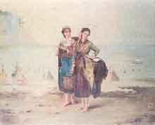 Fishergirls on a beach at low tide by 
																	F Negrelli