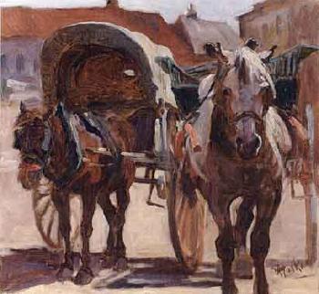 Two horses in a market place by 
																	Evelyn Harke