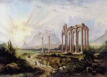 Extensive landscape with ruins by 
																	H Runschke