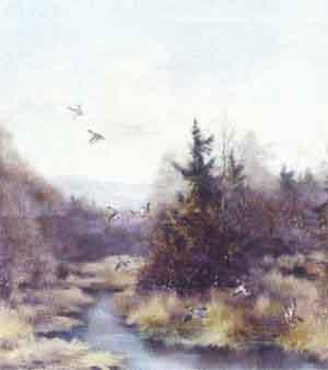 Flying ducks in autumnal moor landscape by 
																	Paul W Dahms
