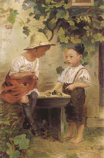 Two children sharing fruit by 
																	Marie Wunsch