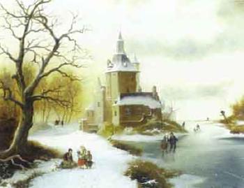Ice skaters in front of an abbey by 
																	Albert Mullers