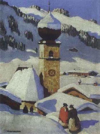 Winter's day in a mountain village in Tirol with figures by 
																	Emanuel Farnbacher