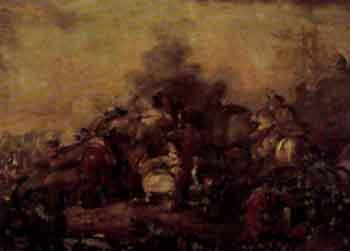 Dutch battle scenes with figures on horseback by 
																			J van Huglenburg