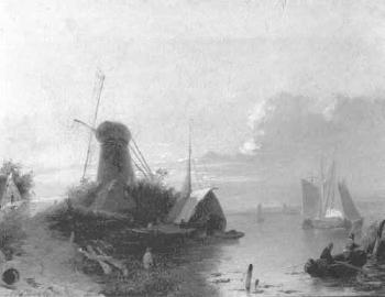 Estuary scene with windmill by 
																	A d'Hoege