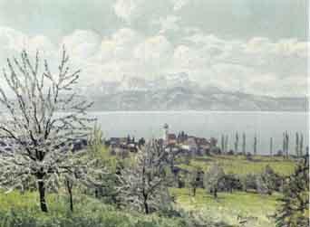 Landscape with trees, lake and mountains in background by 
																	A Munding
