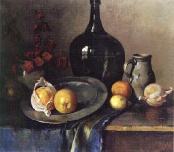 Still life with fruit, glass bottle and jug by 
																	Jan Kagie