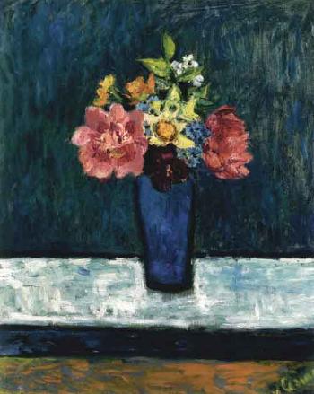 Colourful bouquet of flowers in a blue vase by 
																	Botho von Gamp