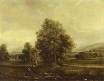 Extensive landscape with figures by stream by 
																	H B Humphrys