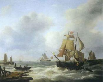 Frigates and fishing boats offshore with two figures in dinghy by 
																	Edmund Edgar