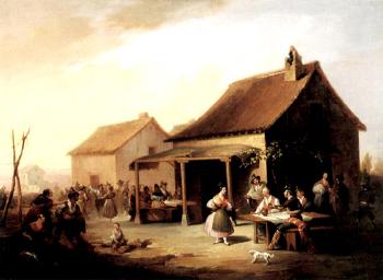 Figures merrymaking outside a tavern by 
																			Jose Elbo