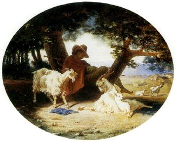 Goatherd resting with his flock, Italianate landscape beyond by 
																	T Edwin
